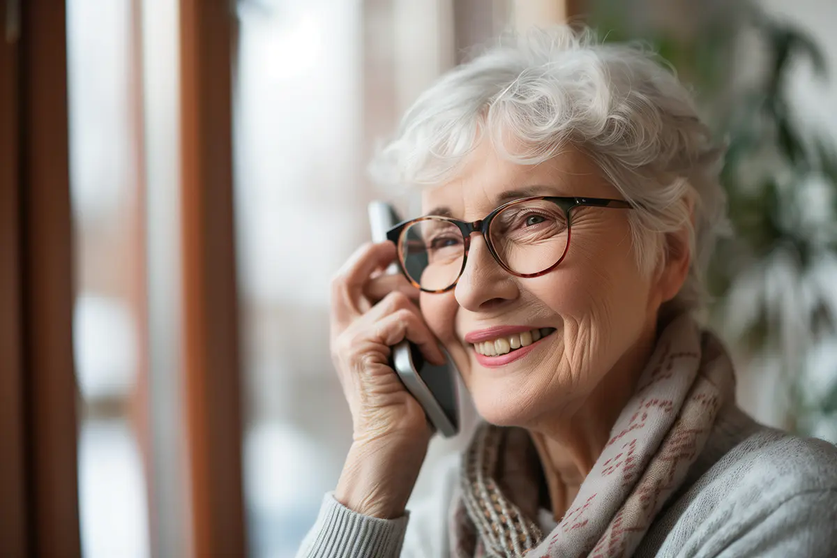 Smiling senior speaking on the phone at home