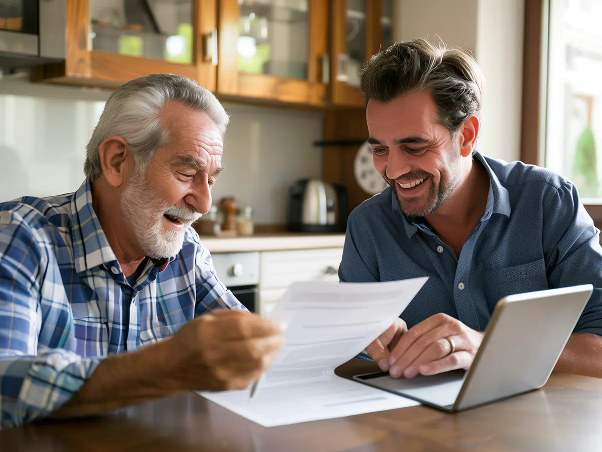 Senior reviewing plan options with an advisor at a kitchen table