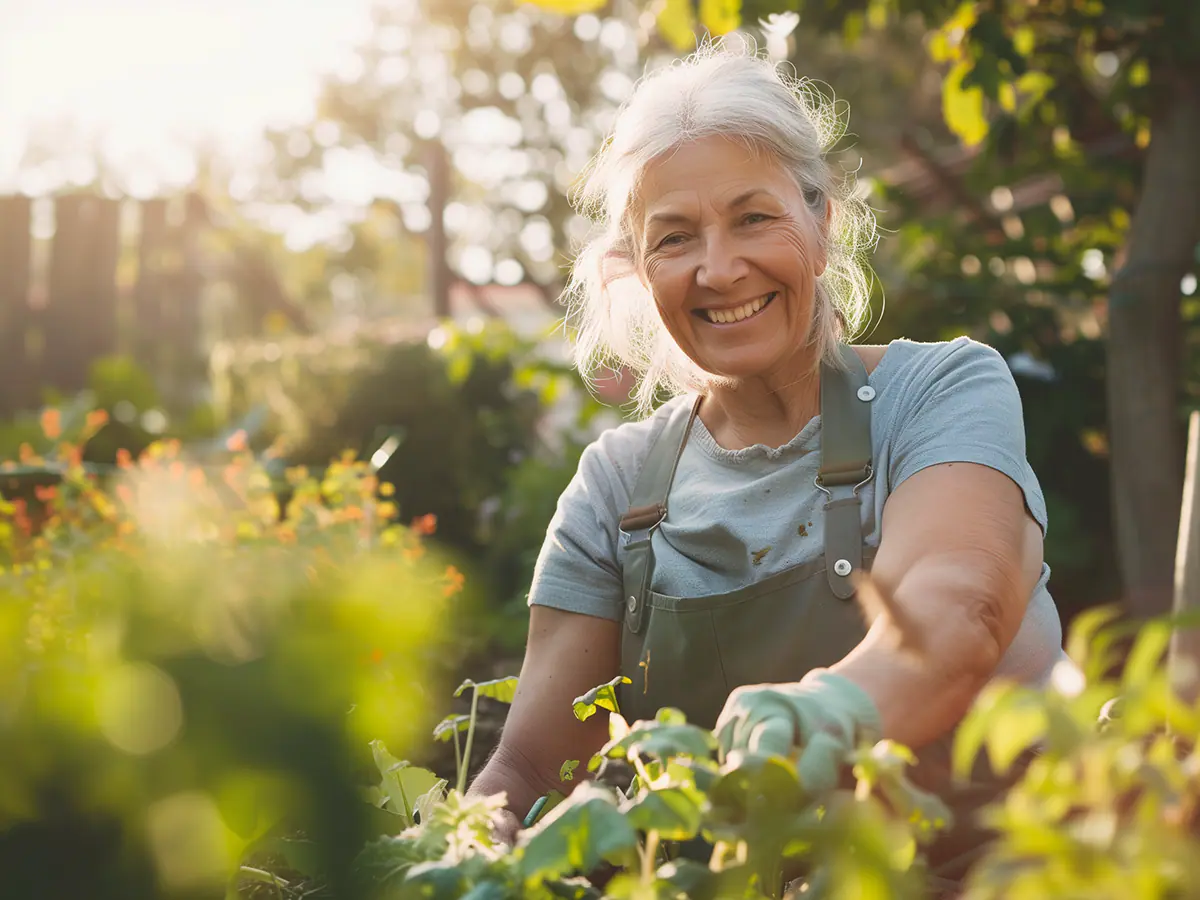 Active adult gardening in a sunny backyard